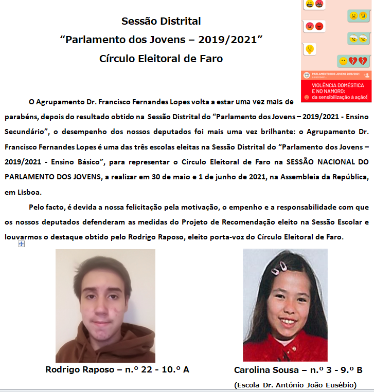 Sessão Distrital “Parlamento dos Jovens – 2019/2021” Círculo Eleitoral de Faro